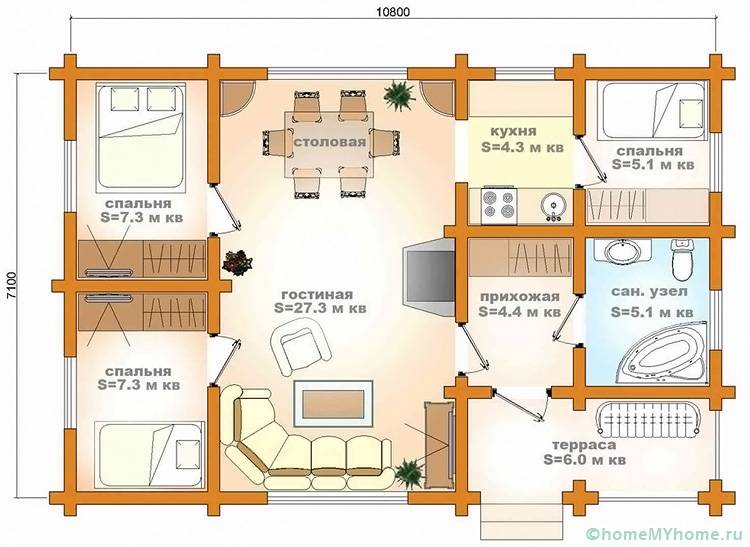 Das Diagramm zeigt die Kombination eines Esszimmers mit einer Küche sowie eines offenen Raums mit einer Küche