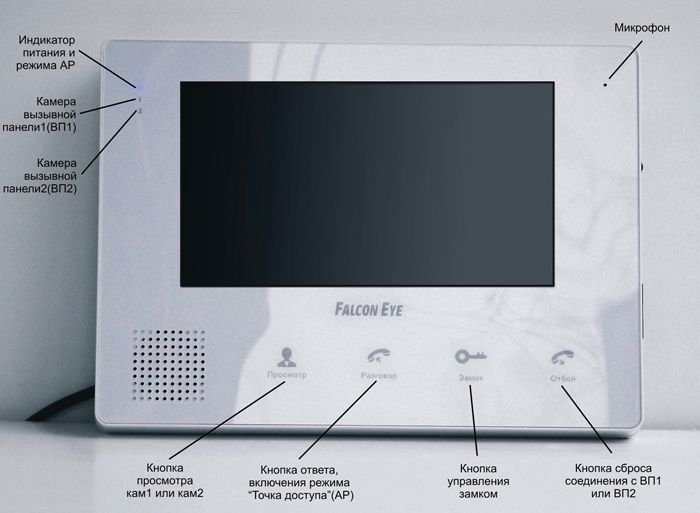Steuer-, Anzeige- und Steuerelemente der Video-Gegensprechanlage für das Apartment Falcon Eye FE-IP70M