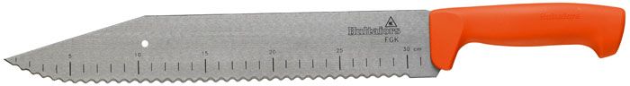 Das professionelle Schneidwerkzeug ist ein breites langes Kohlenstoffstahlmesser. Klingenlänge - 35 Zentimeter, langlebiger Kunststoffgriff ist sehr angenehm zu arbeiten
