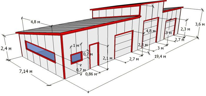 Mit Hilfe einer solchen Zeichnung lässt sich leicht bestimmen, wie viele Wand- und Dach-Sandwichplatten für den Bau einer Garage benötigt werden.
