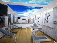 Eine spezielle Endbearbeitung der Decke verhindert Angriffe durch Klaustrophobie. Effiziente Belüftung ist im Fitnessstudio praktisch