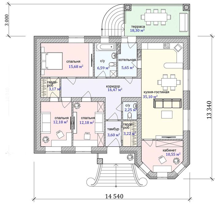 Gulvplaner suppleres med forslag til indretning af møbler, store funktionelle og dekorative indvendige elementer