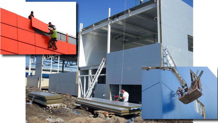 Installation af sandwichpaneler kan udføres med eller uden byggeudstyr afhængigt af byggevolumen og antallet af etager i anlægget, der bygges