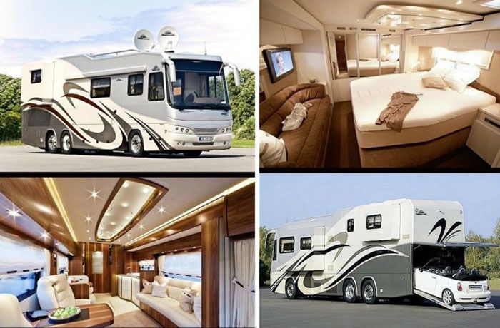 Modern karavan modelleri sadece dinlenme yerleri ile donatılamaz, aynı zamanda tasarımlarında bir binek otomobili için bir garaj da olabilir.