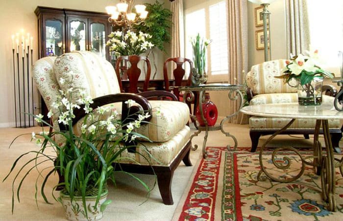 Un aspecto elegante lo proporcionan no solo los muebles y la decoración, sino también las plantas con flores.