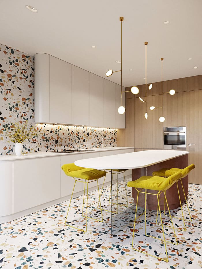 Terrazzofliesen sind ein Einschluss, der mit Glas, Stein oder Marmor durchsetzt ist, wodurch das Interieur spürbar luxuriöser und origineller wird