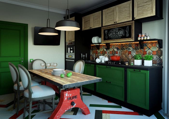 Die Aufnahme einer Tafel in das Dekor ist sehr hilfreich. Die gewählte tiefgrüne Farbe passt gut zur Dekoration und allen Möbeln