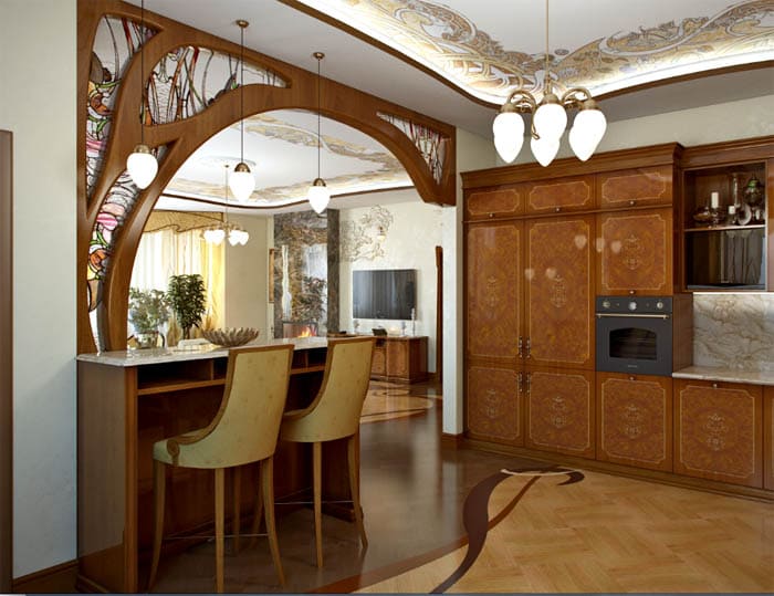 Heute wird modernes Interieur aus irgendeinem Grund als moderner Stil verstanden. Dies ist jedoch überhaupt nicht der Fall. Der Kronleuchter für diesen Stil sollte nicht der neuesten Technologie entsprechen, sondern einen Hauch des Stils des frühen 20. Jahrhunderts