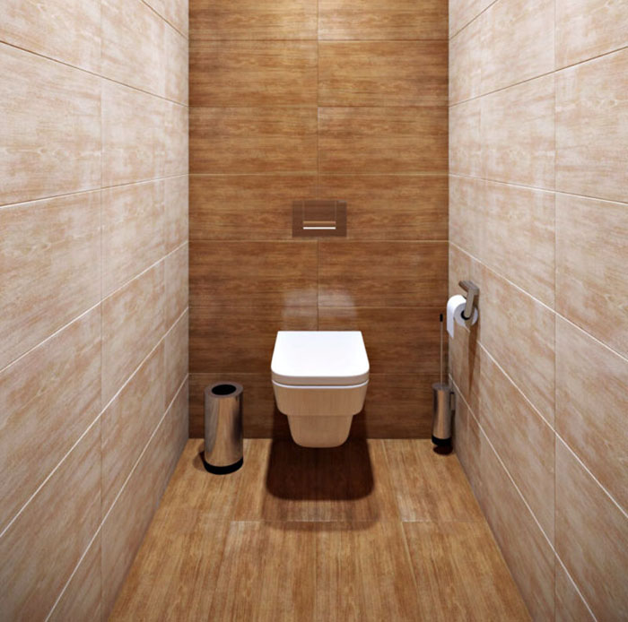 Das Design der Toilette hängt von der Größe des Raumes ab. Enge Räume sollten mit hellen oder neutralen Farben dekoriert werden.