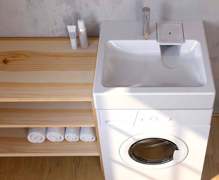 Als oberstes Gebot der Ergonomie wird vorgeschlagen, ein Waschbecken für eine Waschmaschine zu kaufen