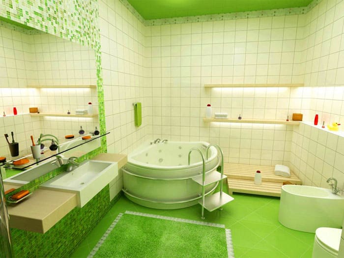 Sie wählen Farben in der Nähe der Palette aus. Das Foto zeigt eine Kombination aus Mosaiken und Fliesen im Badezimmer