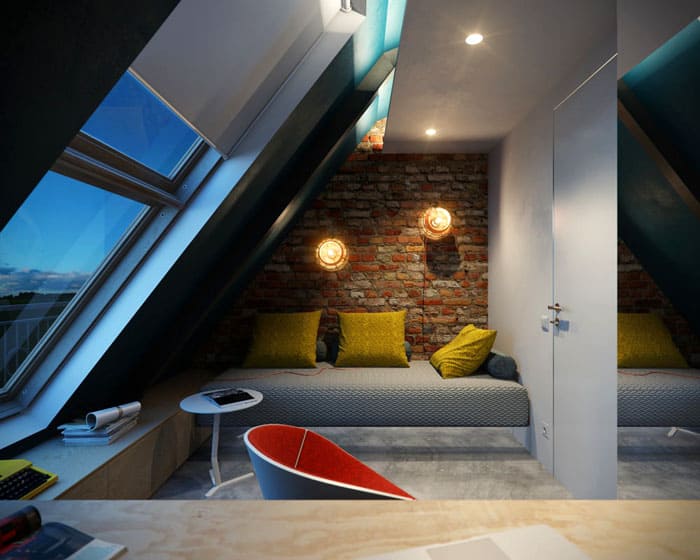 Es ist nützlich, ein Schlafzimmer auf dem Dachboden mit einem Arbeitszimmer zu kombinieren