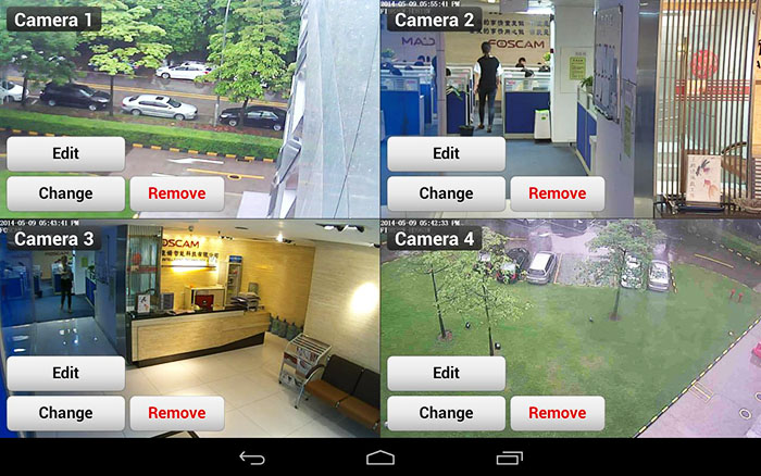 Schnittstelle der mobilen Anwendung IP Cam Viewer für Maginon Cams für Android mit den Hauptbefehlsschaltflächen